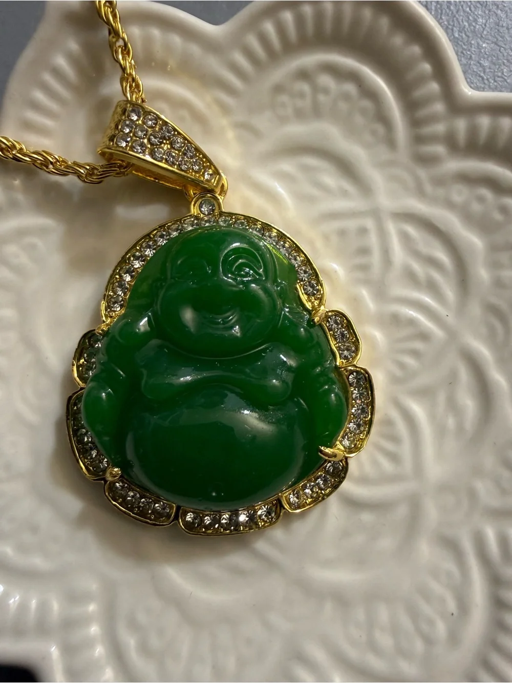 Women Maitreya Buddha Green Stone Zircon Pendant Lucky Amulet Fortune Necklace